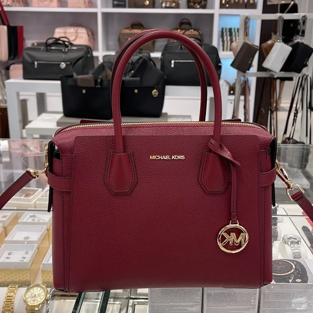 MICHAEL KORS Mercer Medium Two-Tone Pebbled Leather Belted Satchel Mulberry
